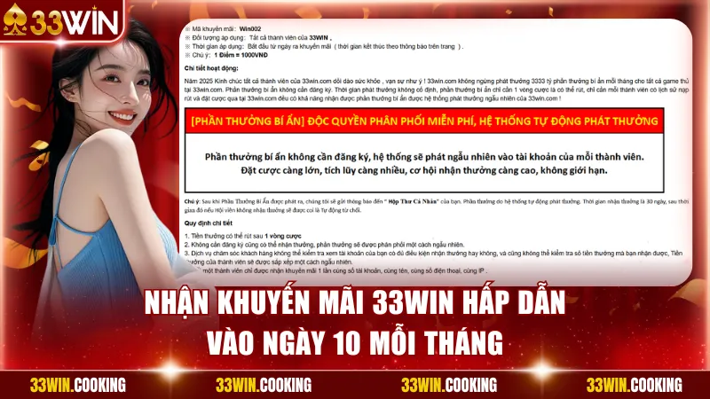 Nhận khuyến mãi 33win hấp dẫn vào ngày 10 mỗi tháng
